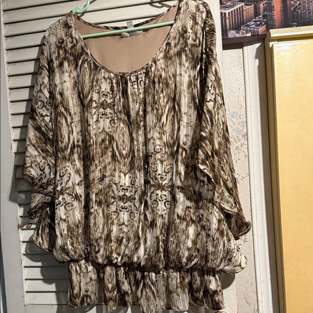 Dressbarn Brown and Cream Patterned Blouse